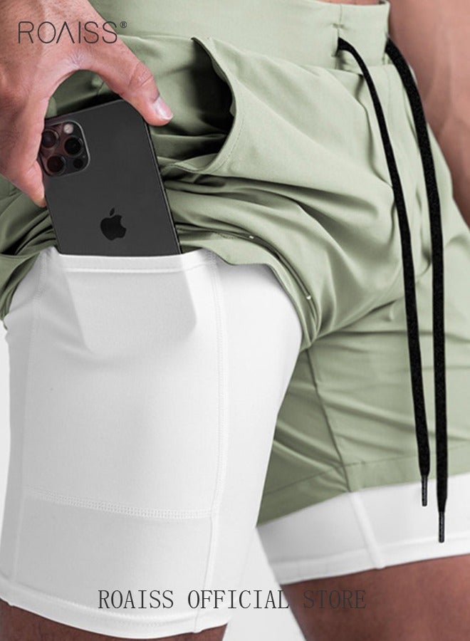 roaiss Five-Point Sports Shorts Fake Two-Piece Quick Drying Double Layer Basketball Pants Anti-Light Running Fitness Summer - Image 4