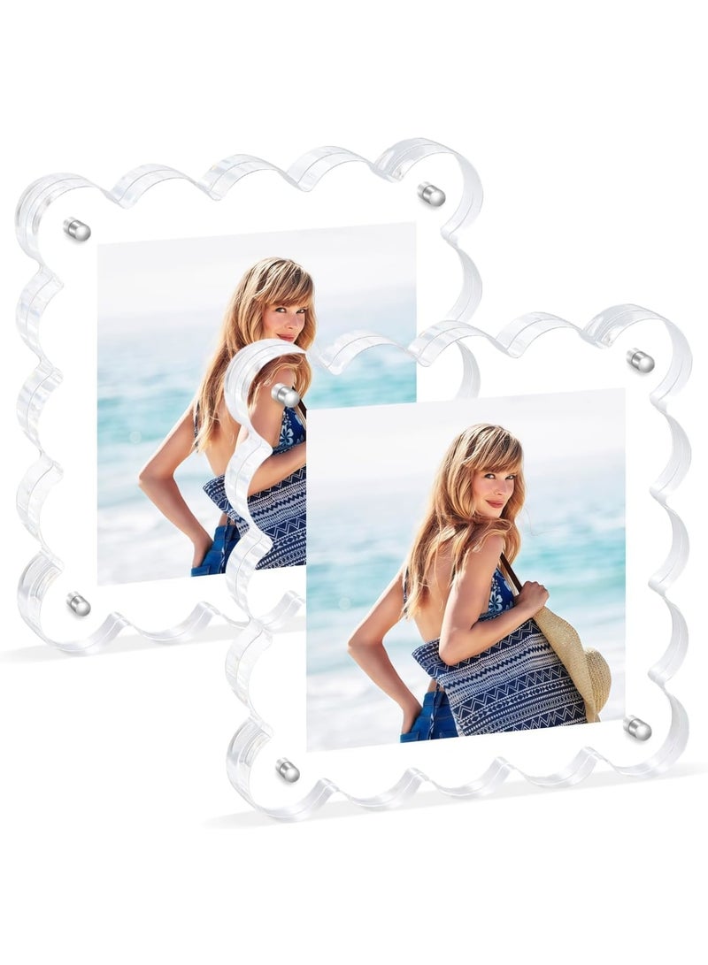SYOSI Acrylic Magnetic Picture Frame, Clear Double Sided Photo Display with Scalloped Edges Freestanding Design 10mm Thick Block, Modern Desktop Decoration Gift for Home Office, 2 Pack - Image 1