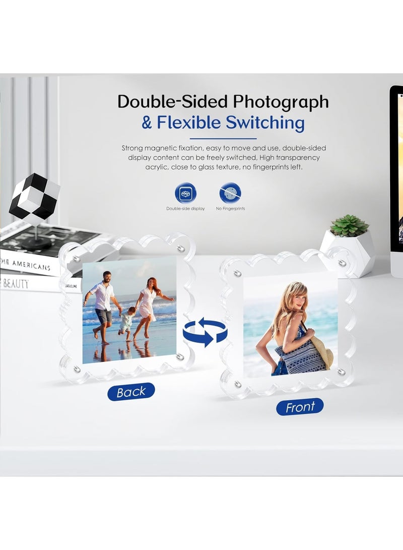SYOSI Acrylic Magnetic Picture Frame, Clear Double Sided Photo Display with Scalloped Edges Freestanding Design 10mm Thick Block, Modern Desktop Decoration Gift for Home Office, 2 Pack - Image 2