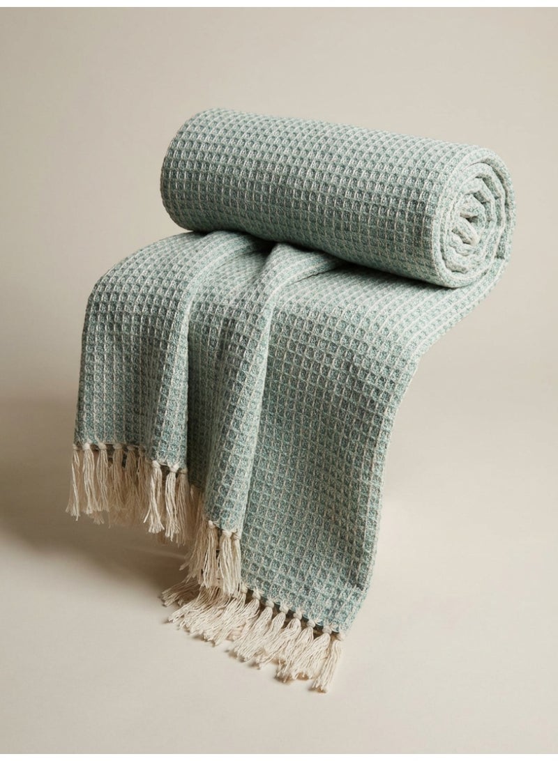 Ambrosia 130 x 160 cm Premium Cotton Honeycomb Throw Blanket in Sage Green With 400GSM Soft Woven Texture For Sofa Bed Couch And Boho Room Decor - Image 2