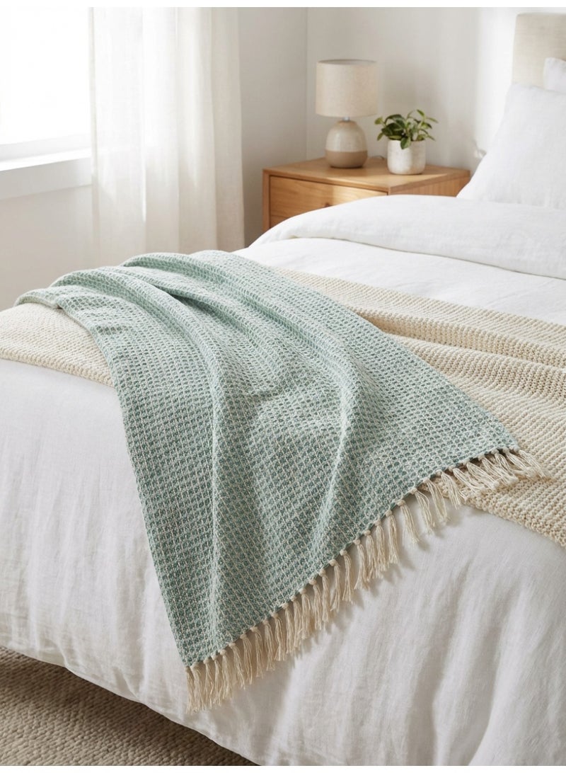 Ambrosia 130 x 160 cm Premium Cotton Honeycomb Throw Blanket in Sage Green With 400GSM Soft Woven Texture For Sofa Bed Couch And Boho Room Decor - Image 4