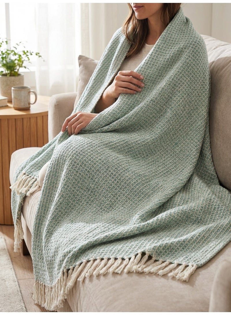 Ambrosia 130 x 160 cm Premium Cotton Honeycomb Throw Blanket in Sage Green With 400GSM Soft Woven Texture For Sofa Bed Couch And Boho Room Decor - Image 5