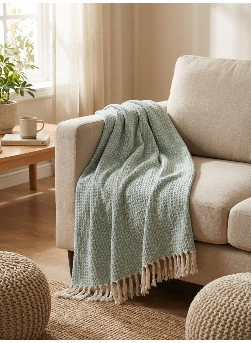 Ambrosia 130 x 160 cm Premium Cotton Honeycomb Throw Blanket in Sage Green With 400GSM Soft Woven Texture For Sofa Bed Couch And Boho Room Decor - Image 3