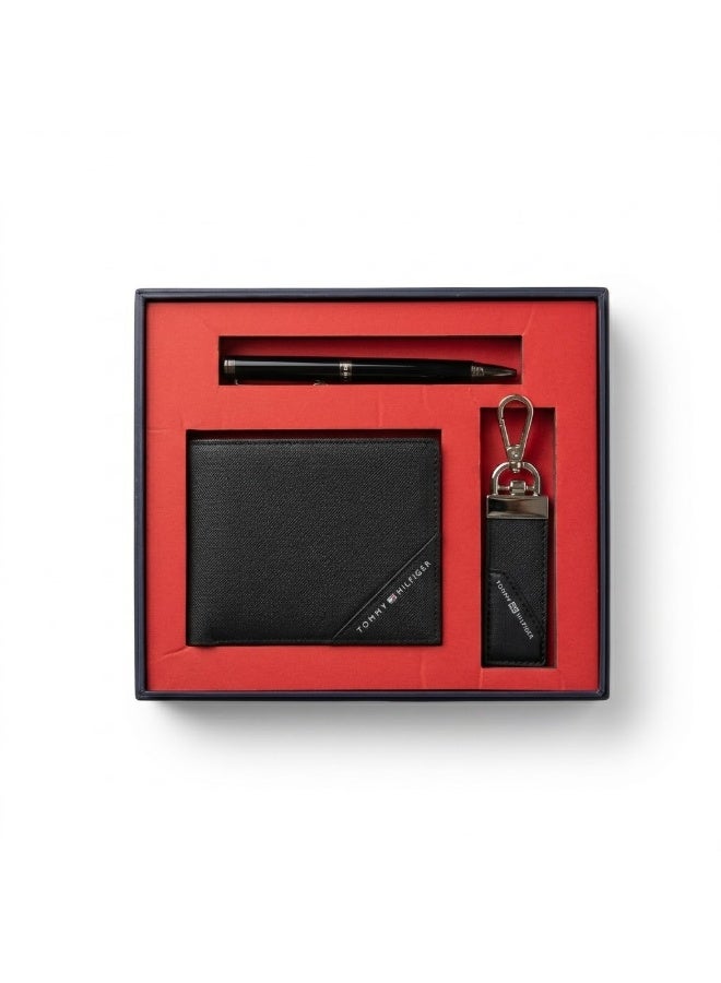 Men's Saffiano Leather Wallet Gift Set with Ballpoint Pen & Keychain - Black Bifold Box Set for Men