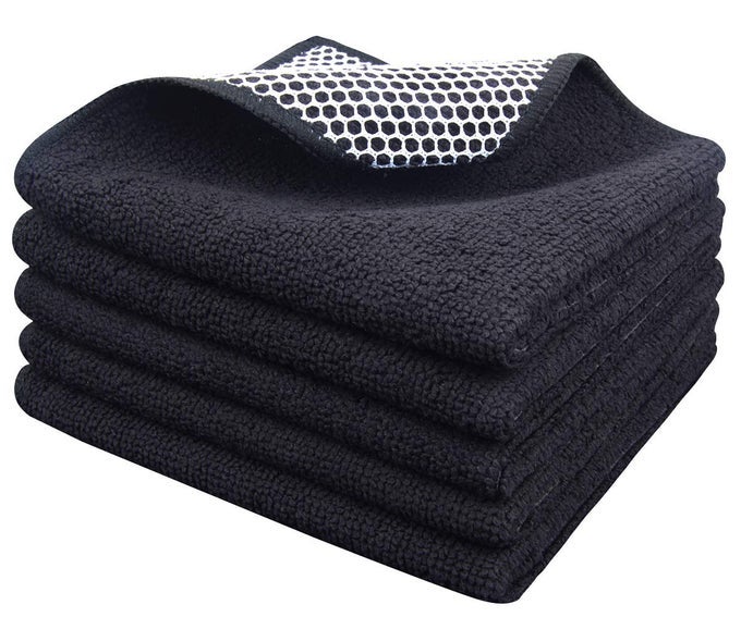 MICROFIBER DISH CLOTH FOR WASHING DISHESBEST KITCHEN WASHCLOTH CLEANING CLOTHS WITH POLY SCOUR SIDE 12INCHX12INCH 5PACK BLACK