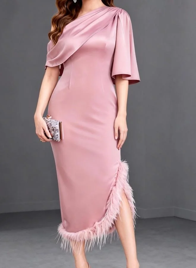 Take Two  Pink One Shoulder Cape Sleeve Midi Dress with Feather Hem for Women | Best Price UAE