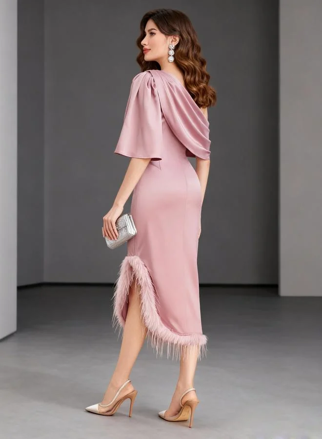 Take Two  Pink One Shoulder Cape Sleeve Midi Dress with Feather Hem for Women | Best Price UAE
