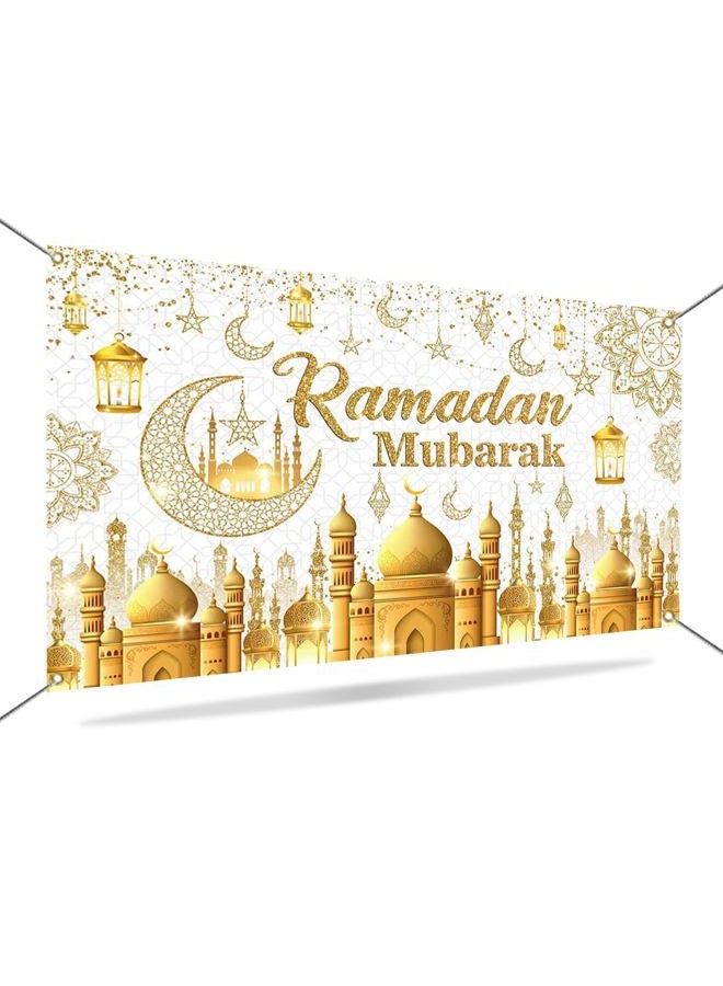 Mocsicka Ramadan Mubarak Backdrop White Gold Eid Mubarak Backdrop Decorations Eid Al-Fitr Ramadan Kareem for Wall Door Yard Outdoor Sign (6x3.6ft) - Image 5