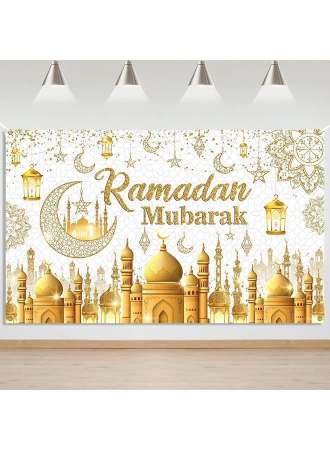 Mocsicka Ramadan Mubarak Backdrop White Gold Eid Mubarak Backdrop Decorations Eid Al-Fitr Ramadan Kareem for Wall Door Yard Outdoor Sign (6x3.6ft) - Image 1