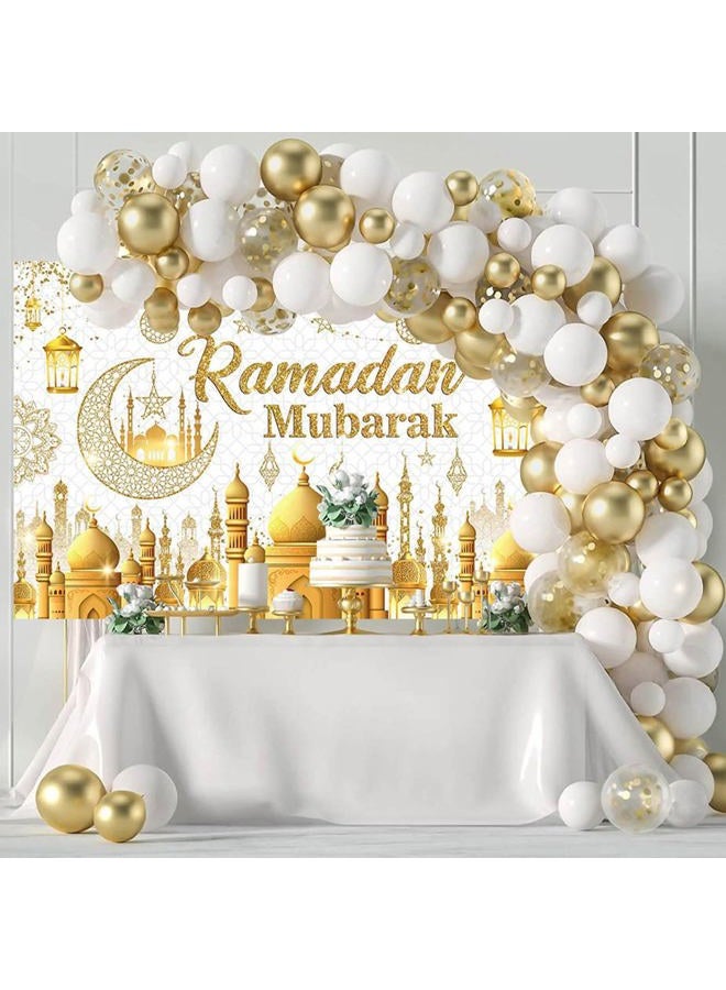 Mocsicka Ramadan Mubarak Backdrop White Gold Eid Mubarak Backdrop Decorations Eid Al-Fitr Ramadan Kareem for Wall Door Yard Outdoor Sign (6x3.6ft) - Image 2