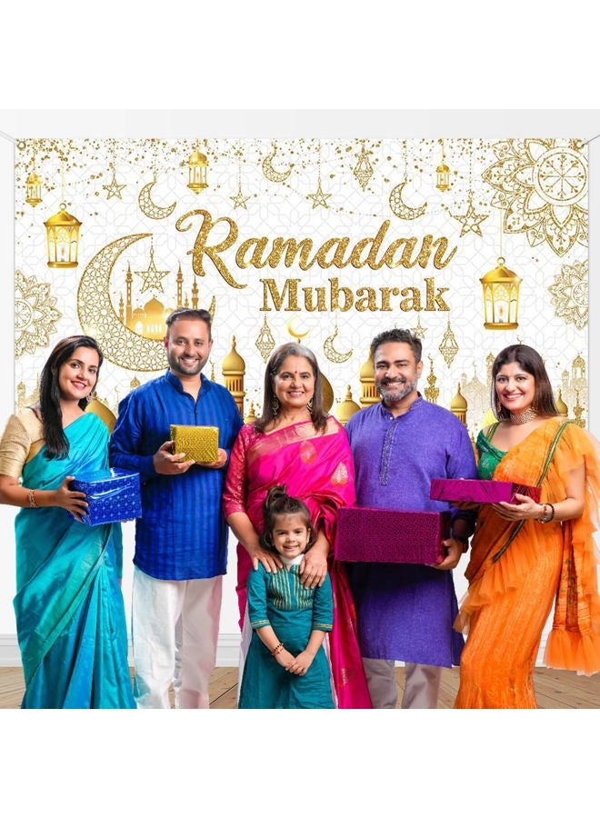 Mocsicka Ramadan Mubarak Backdrop White Gold Eid Mubarak Backdrop Decorations Eid Al-Fitr Ramadan Kareem for Wall Door Yard Outdoor Sign (6x3.6ft) - Image 3