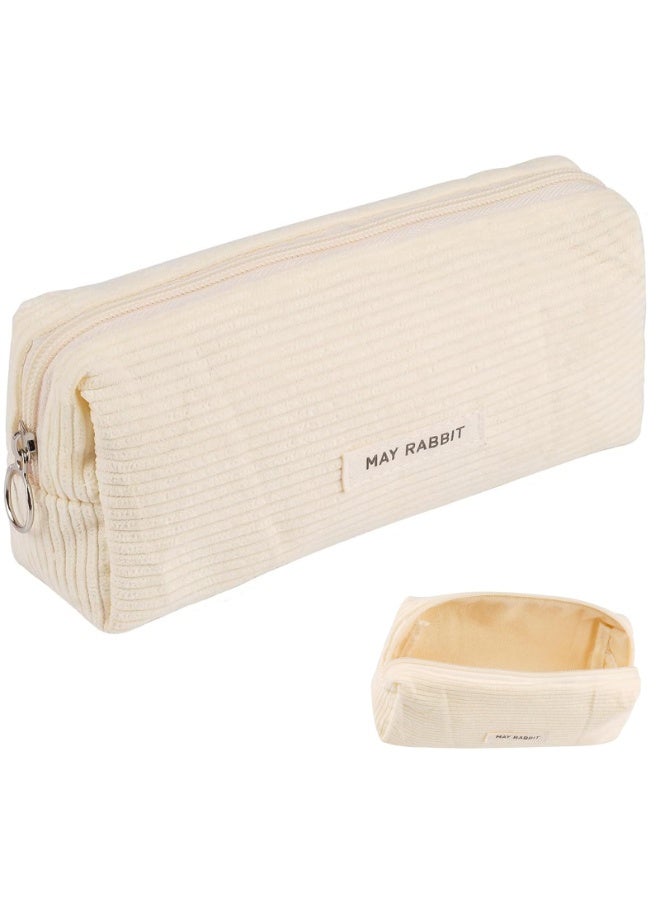 Corduroy Pencil Case, Aesthetic Pen Pouch for School Office Organizer, White - Image 1