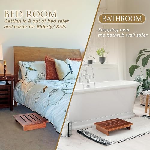 Craftsline One Step Stool for Adults 3.5" - Wooden Step Stools for Bed - 200lbs Safety Stepping Stool Bathroom Aid for Handicap, Elderly, Seniors, Kid, Bathtub, High Beds, Kitchens (Brown) - Image 3