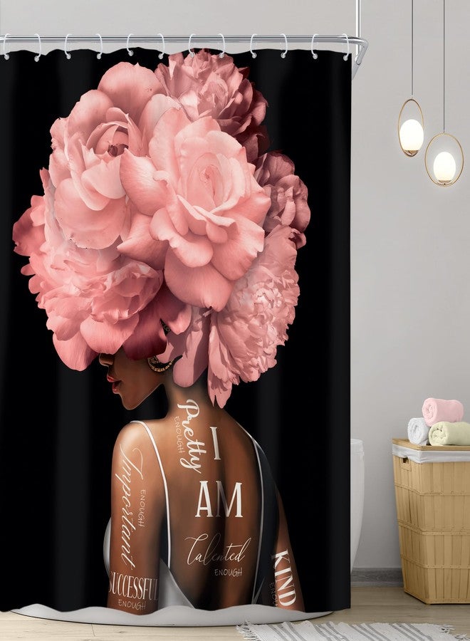 Riyidecor African American Shower Curtain 60Wx72H Inch Pink Black Girl Woman Shower Curtains Floral Queen Peony Flower Rose Quotes Modern Retro Bathroom Decor Fabric Polyester Waterproof 12 Pack Hooks - Image 2