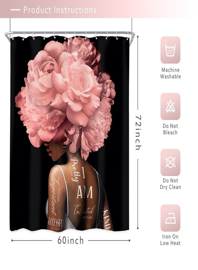 Riyidecor African American Shower Curtain 60Wx72H Inch Pink Black Girl Woman Shower Curtains Floral Queen Peony Flower Rose Quotes Modern Retro Bathroom Decor Fabric Polyester Waterproof 12 Pack Hooks - Image 5