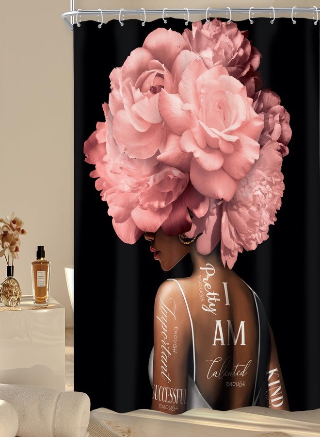 Riyidecor African American Shower Curtain 60Wx72H Inch Pink Black Girl Woman Shower Curtains Floral Queen Peony Flower Rose Quotes Modern Retro Bathroom Decor Fabric Polyester Waterproof 12 Pack Hooks - Image 1