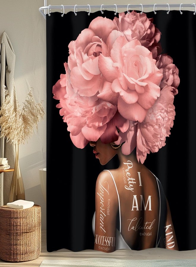 Riyidecor African American Shower Curtain 60Wx72H Inch Pink Black Girl Woman Shower Curtains Floral Queen Peony Flower Rose Quotes Modern Retro Bathroom Decor Fabric Polyester Waterproof 12 Pack Hooks - Image 4