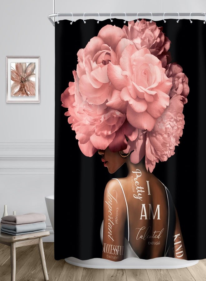 Riyidecor African American Shower Curtain 60Wx72H Inch Pink Black Girl Woman Shower Curtains Floral Queen Peony Flower Rose Quotes Modern Retro Bathroom Decor Fabric Polyester Waterproof 12 Pack Hooks - Image 3