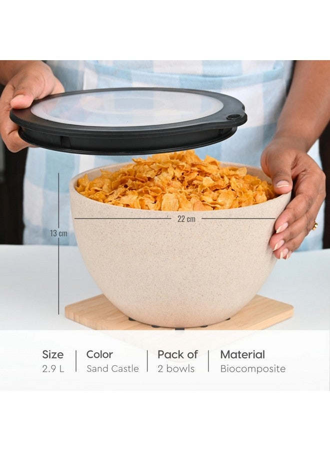 Eha Earth Friendly Mixing Bowls for Kitchen | Serving Bowls with Lid | Microwave Safe Bowl Set | Storage Bowls Made with Rice Husk and Bamboo Fibers | 2900ml Each | Set of 2 | Sand Castle| Beige - Image 2
