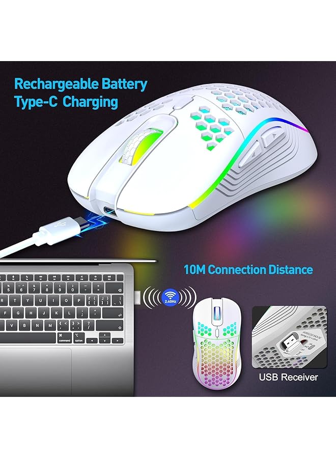 ® Wireless Mouse Wireless Gaming Mouse Rechargeable Pc Mouse With Rgb Backlight 6 Buttons Adjustable Lightweight Honeycomb Shell For Laptops Pc Computers (White) - Image 2