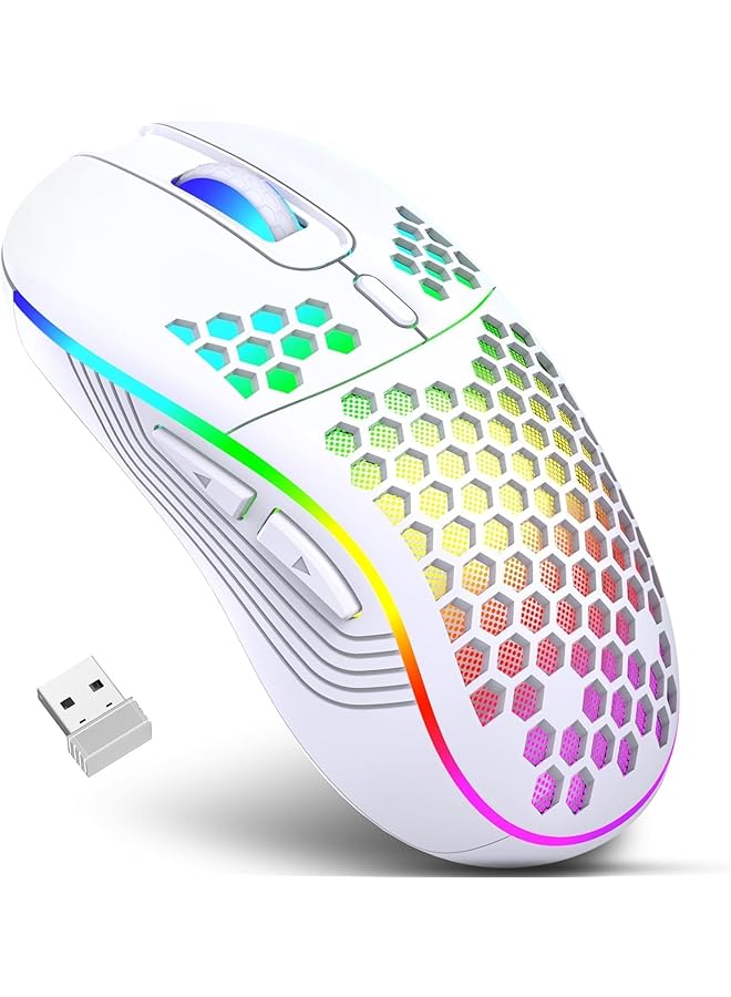 ® Wireless Mouse Wireless Gaming Mouse Rechargeable Pc Mouse With Rgb Backlight 6 Buttons Adjustable Lightweight Honeycomb Shell For Laptops Pc Computers (White) - Image 1
