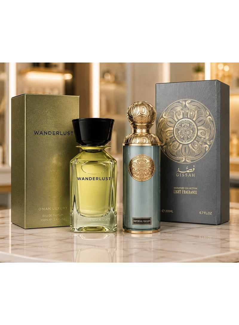 طقم هدايا عطر "واندرلاست" (Wanderlust) من عُمان لاكشري (سعة 100 مل) وعطر "إمبريال فالي" (Imperial Valley) من قصة (سعة 200 مل) بتركيز أو دو بارفان.