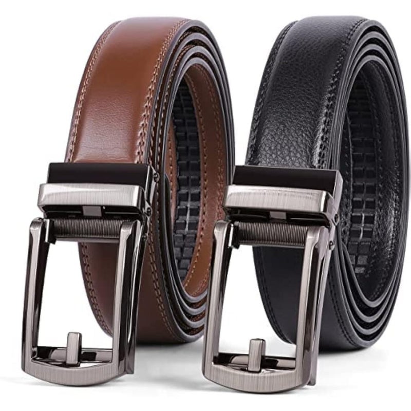 2 Pack Belt Men, 3cm Leather Ratchet Dress Belt for Men Dress Pants Oxfords, Perfect Fit Waist Size 60-120 cm with Automatic Buckle - Image 1