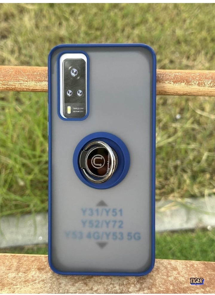 TIGER Compatible for Vivo Y31, Y51, Y52, Y72, Y53 Case – Thin Translucent Matte Back Cover with Camera Protection, 360° Rotational Car Mount Magnetic Ring Holder Case (Blue) - Image 2