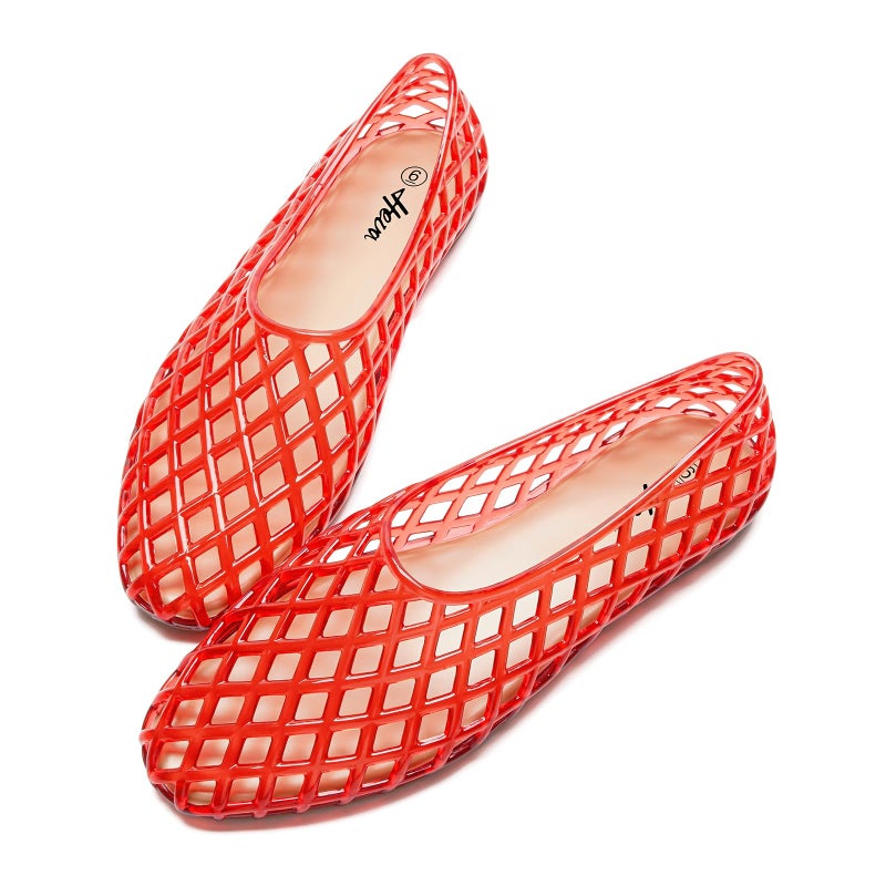 HEVA Women's Jelly Mesh Flats Breathable Clear Hollow Shoes Summer Beach Jellies Ballet Sandals(9 M US Red) - Image 1