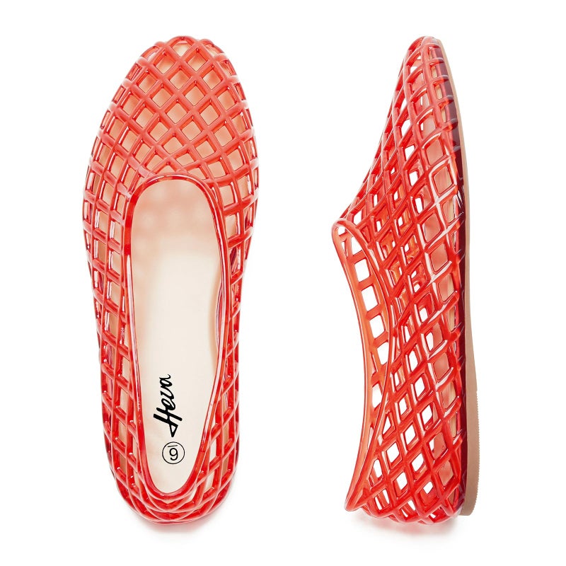 HEVA Women's Jelly Mesh Flats Breathable Clear Hollow Shoes Summer Beach Jellies Ballet Sandals(9 M US Red) - Image 4