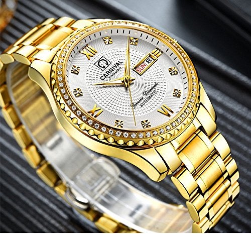 MASTOP Luxury Brand Men Automatic Mechanical Watches Diamond Stainless Steel Business Watch with Calendar (Gold White) - Image 5