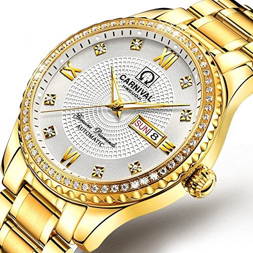 MASTOP Luxury Brand Men Automatic Mechanical Watches Diamond Stainless Steel Business Watch with Calendar (Gold White) - Image 2