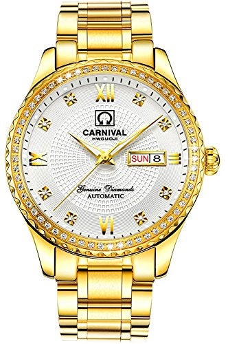 MASTOP Luxury Brand Men Automatic Mechanical Watches Diamond Stainless Steel Business Watch with Calendar (Gold White) - Image 1