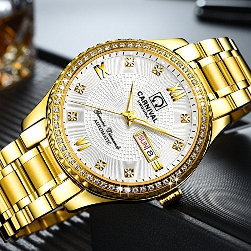 MASTOP Luxury Brand Men Automatic Mechanical Watches Diamond Stainless Steel Business Watch with Calendar (Gold White) - Image 4