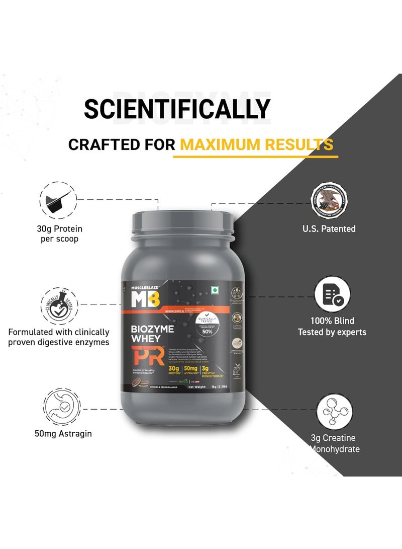 مسل بلايز MuscleBlaze Biozyme Whey Protein PR - بروتين مصل اللبن المعزز بـ 30 جم بروتين، و3 جم كرياتين مونوهيدرات، و50 جم AstraGin® (نكهة الكوكيز والكريمة، 1 كجم / 2.2 رطل) | حاصل على شهادة Trustified Gold - Image 3