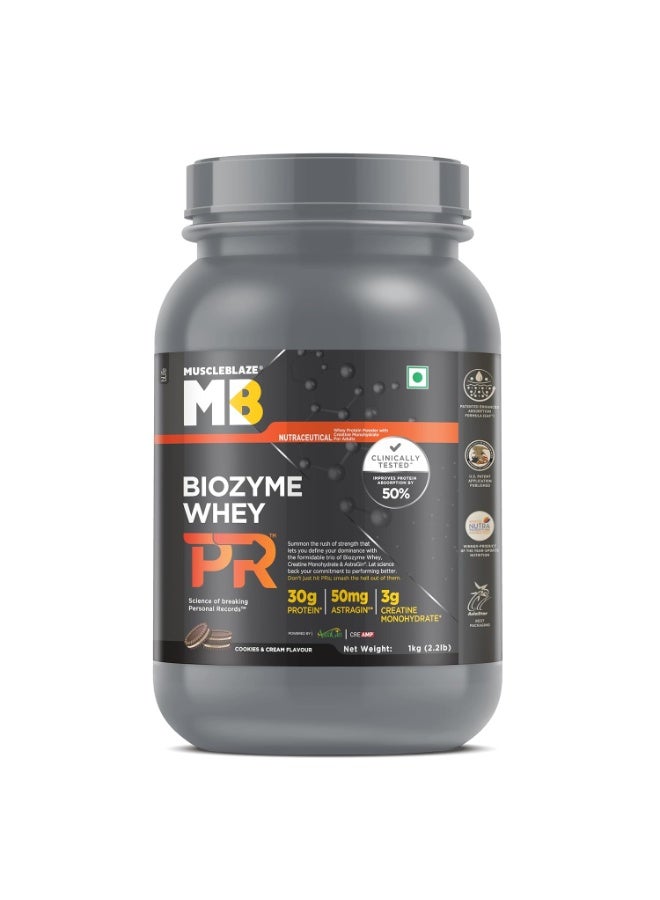 مسل بلايز MuscleBlaze Biozyme Whey Protein PR - بروتين مصل اللبن المعزز بـ 30 جم بروتين، و3 جم كرياتين مونوهيدرات، و50 جم AstraGin® (نكهة الكوكيز والكريمة، 1 كجم / 2.2 رطل) | حاصل على شهادة Trustified Gold - Image 1