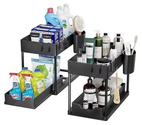 منظم S2C غير قابل للانزلاق أسفل الحوض، منظم متعدد الأغراض مع خطافات وكوب، للمطبخ والحمام وأسطح العمل والخزانة - قوي ومتين مع أدراج منزلقة، سهل التجميع