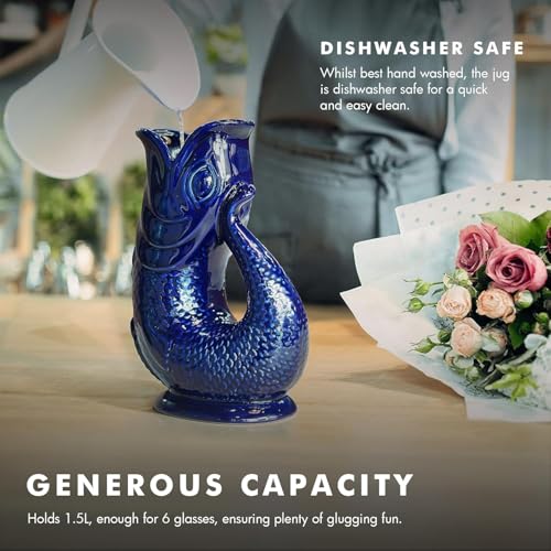 Bubble Jug Gurgle Glug Jug The Bubble Jug® Dark Cobalt Blue 50 fl oz 1.5L Litre Extra Large Pitcher - Fish Shaped Jug - Decorative Ceramic Glugging Cocktail, Water and Gin Vase and Gurgling Carafe Pot - Image 3