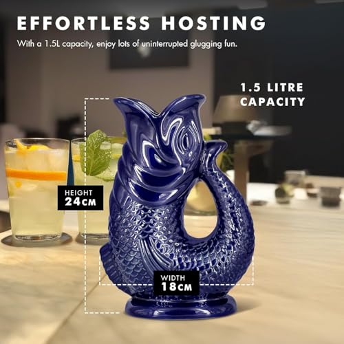 Bubble Jug Gurgle Glug Jug The Bubble Jug® Dark Cobalt Blue 50 fl oz 1.5L Litre Extra Large Pitcher - Fish Shaped Jug - Decorative Ceramic Glugging Cocktail, Water and Gin Vase and Gurgling Carafe Pot - Image 5