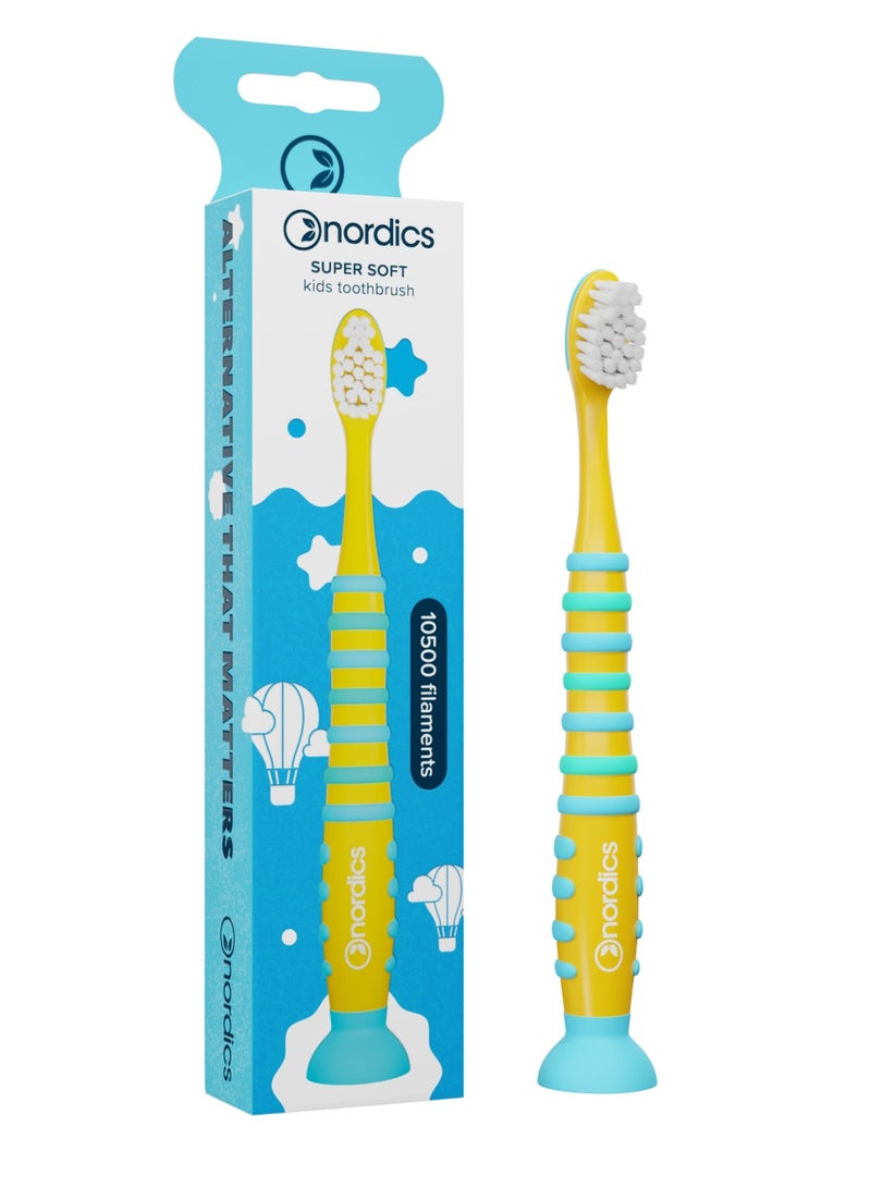 Nordics Premium Kids Toothbrush Rocket Yellow – SOFT – 10,500 Ultra-Soft Bristles – Suction Cup Base – Food-Grade Silicone Handle – For Children 4+ Years