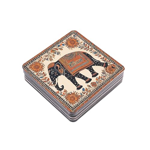 TAJNAN Indian Art Printed Coaster Set of 6 Beautiful Wooden Coasters with Plastic Coating Proper Coaster Stand Designer Coaster (taj-Coaster-Black Elephant) - Image 4