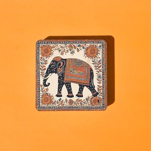 TAJNAN Indian Art Printed Coaster Set of 6 Beautiful Wooden Coasters with Plastic Coating Proper Coaster Stand Designer Coaster (taj-Coaster-Black Elephant) - Image 3