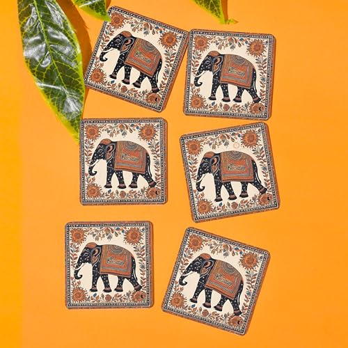 TAJNAN Indian Art Printed Coaster Set of 6 Beautiful Wooden Coasters with Plastic Coating Proper Coaster Stand Designer Coaster (taj-Coaster-Black Elephant) - Image 2