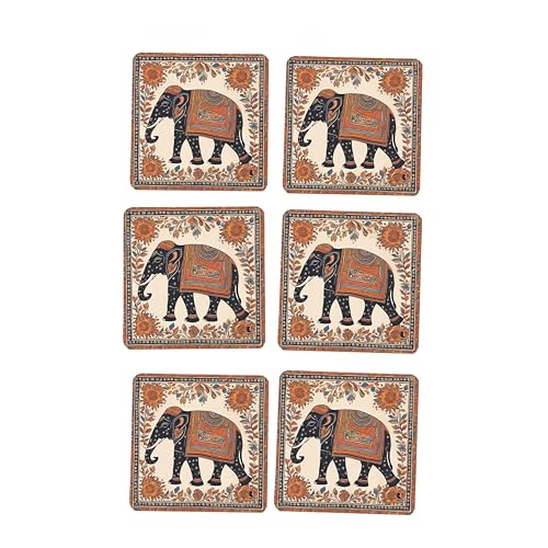 TAJNAN Indian Art Printed Coaster Set of 6 Beautiful Wooden Coasters with Plastic Coating Proper Coaster Stand Designer Coaster (taj-Coaster-Black Elephant) - Image 1