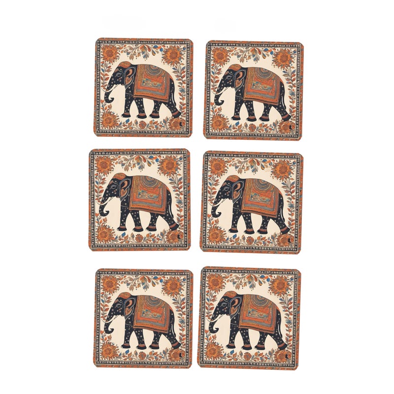 TAJNAN Indian Art Printed Coaster Set of 6 Beautiful Wooden Coasters with Plastic Coating Proper Coaster Stand Designer Coaster (taj-Coaster-Black Elephant) - Image 5