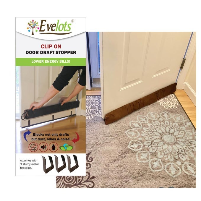 COLD HOT AIR DOOR DRAFT STOPPER STRONG METAL CLIPS BLOCK COLD AIR NOISE DUST WARM QUIETER HOME NO NEED TO BEND DOWN 36 INCH WIDE FOR DOOR GAPS UP TO 1 INCH SAVE ENERGY