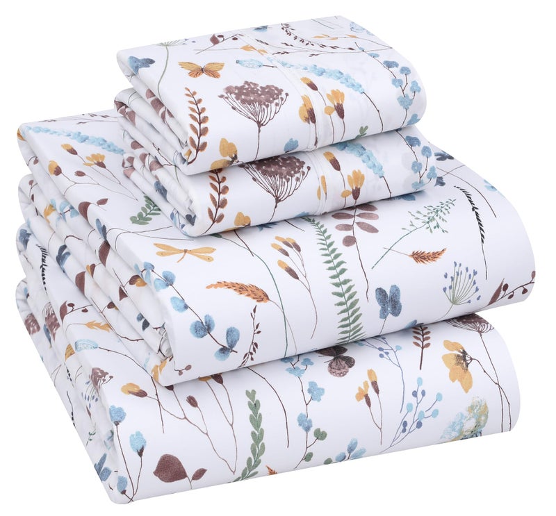 RUVANTI 100 Cotton Sheets Queen Size Percale Bedding Cooling Breathable Floral Design Durable with a Crisp Soft Comfortable Feel 16 Deep Pocket 4Piece Set Fern Class