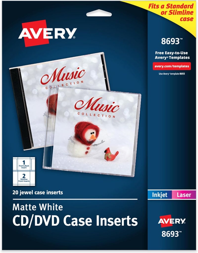 AVERY Printable CD Jewel Case Inserts, Matte White, Laser & Inkjet Printer Compatible, 20 Standard and Slimline Inserts, Ideal for CDs, DVDs, Presentations, Portfolios, and More (8693) - Image 1