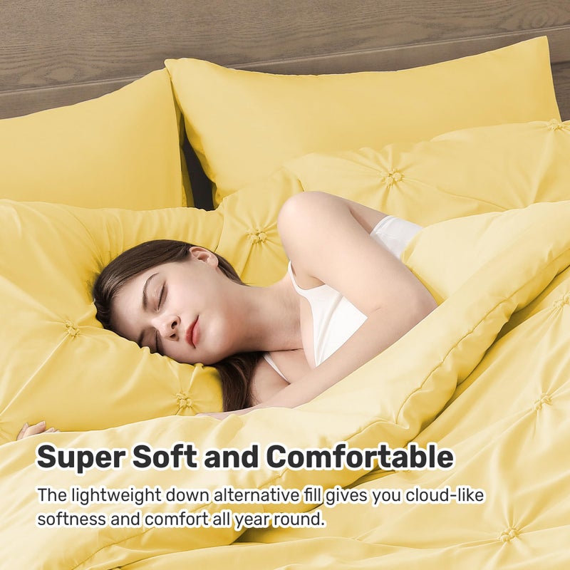 UNIKOME Queen Comforter Set Yellow - Ultra Soft Boho Pintuck Down Alternative Bedding Set for All Seasons, 3 Pieces Lightweight Warm Pinch Pleat Bed Set with Comforter, 2 Pillowcases - Image 3