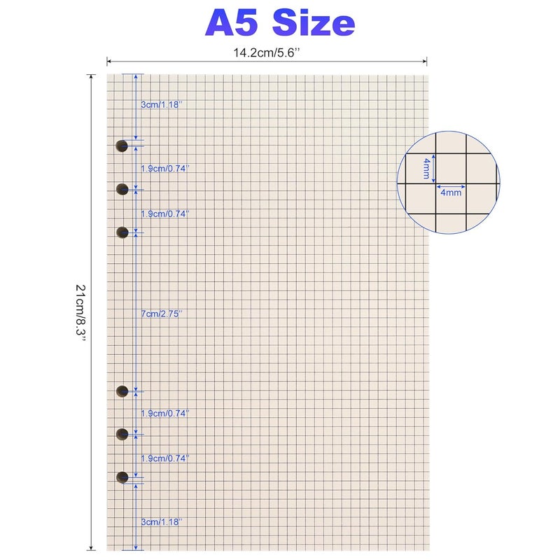 Tofun A5 Grid Refill Paper,6 Hole Punched,A5 Graph Rule Paper/Quad Rule Filler Paper for Filofax Planner/Binders/Organizer, 8.3x5.6 Inch,80 Sheets,Beige,100GSM (1) - Image 2